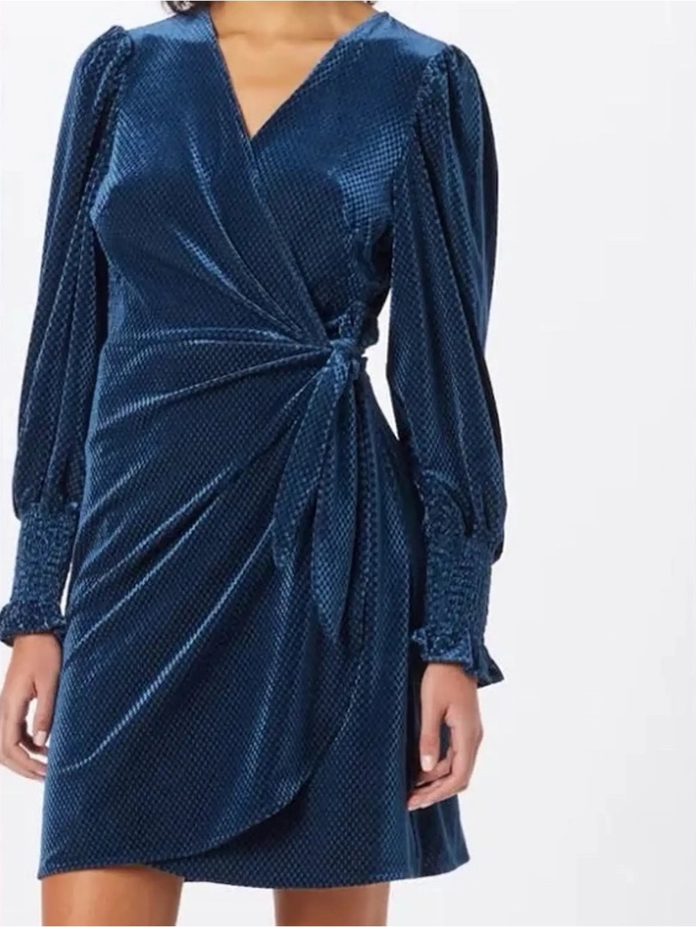FRNCH Navy Velvet Wrap Dress with Puff Sleeves